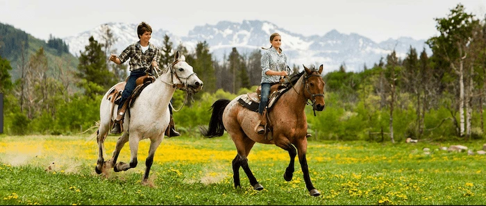 Confident plus-size woman riding Devizes a horse through a field with a smile on her face.